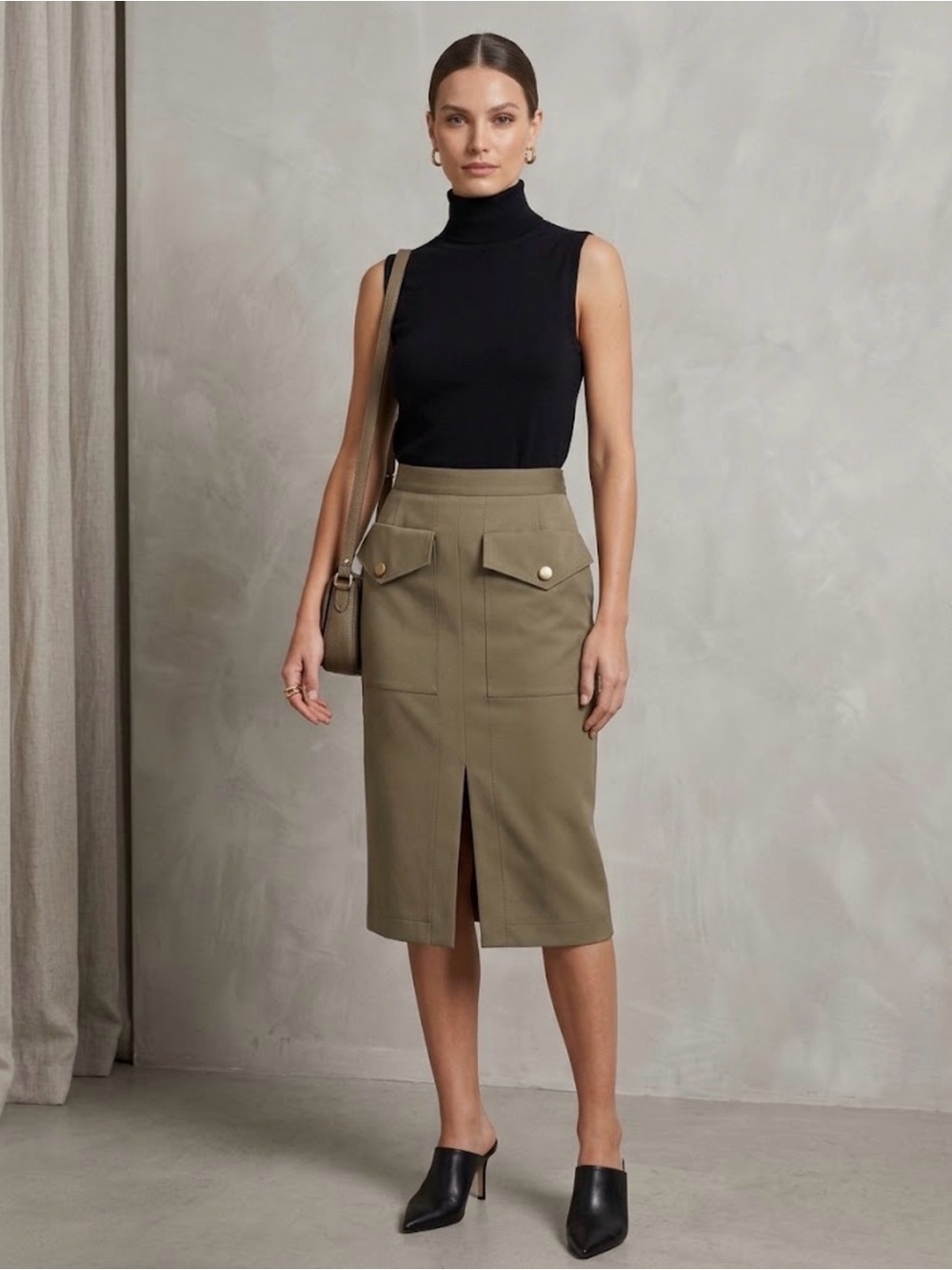 Altuzarra Khaki Utility Pencil Skirt Size 4 with Metallic Buttons